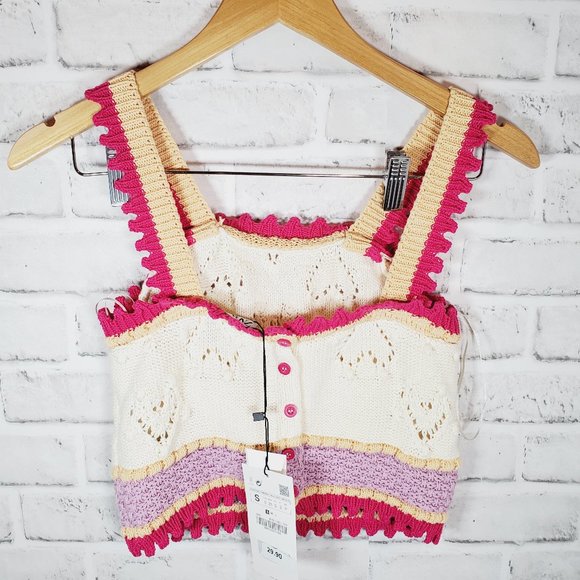 zara knitted top with hearts pink beige cropped top size small nwt - Picture 3 of 7
